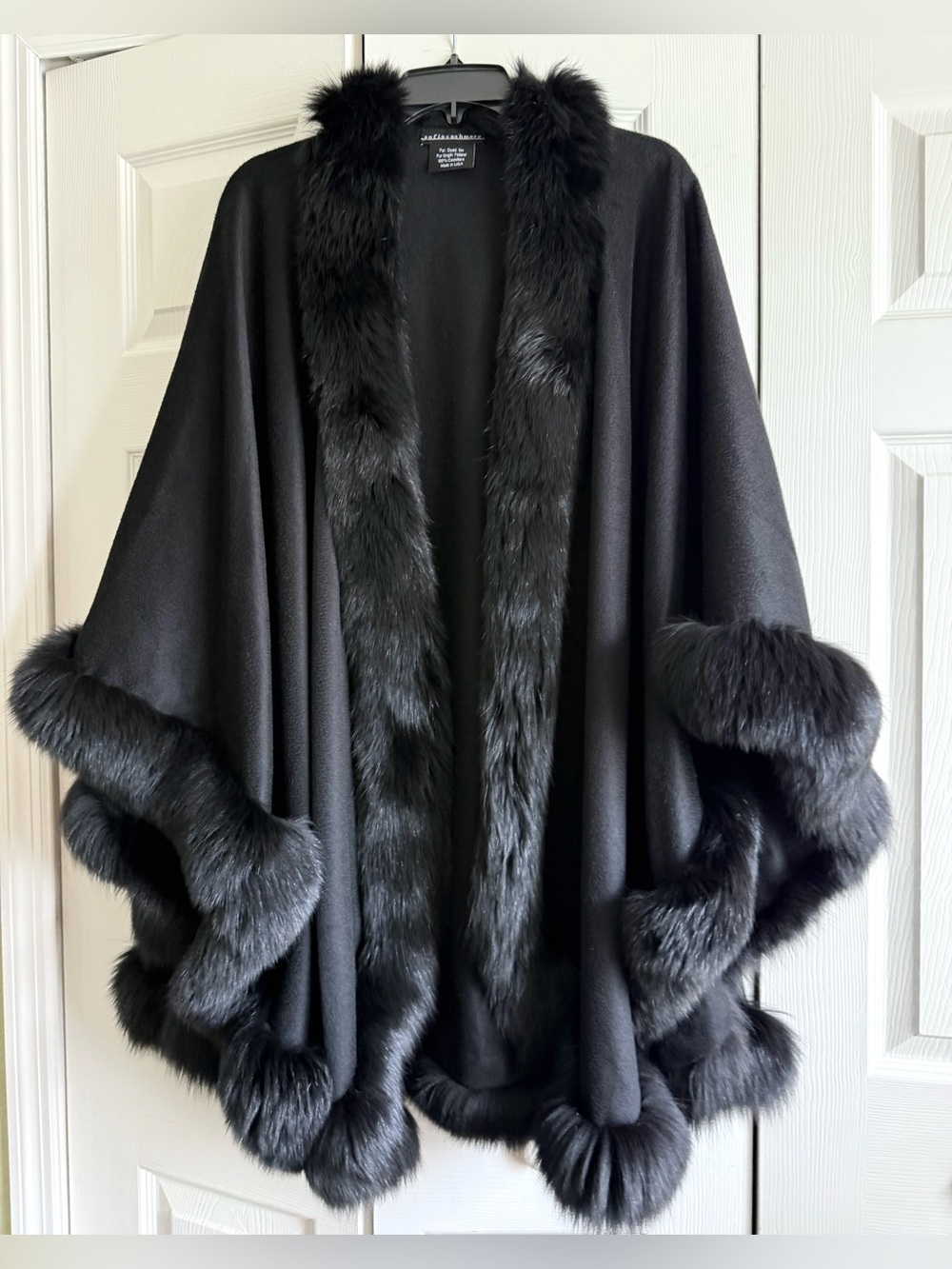 Sofia Cashmere Black 100% Cashmere & Dyed Fox Fur Trim Cape Poncho Wrap